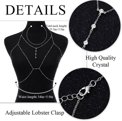 Urieo Sparkly Beads Bra Chain Silver Crystal Chest Chains Rhinestone Layered Sexy Nightclub Beach Rave Body Chain for Women