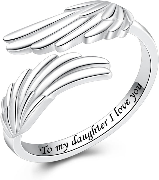 YLT 925 Sterling Silver Feather Angel Wings Ring Adjustable Dainty Wrap Open Thumb Rings for Women