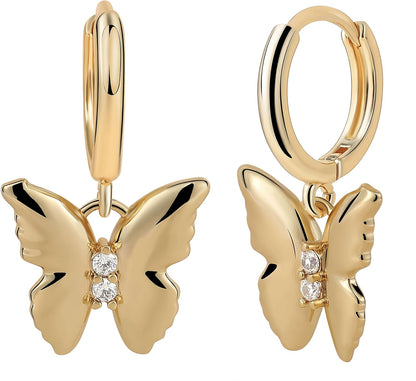 Gold Cherry Bow Heart Drop Dangle Earrings, Huggie Hoop Style, Hypoallergenic Non Tarnish Delicate Ribbon Butterfly Design Dainty Shiny Sensitive Ear for Women Gifts