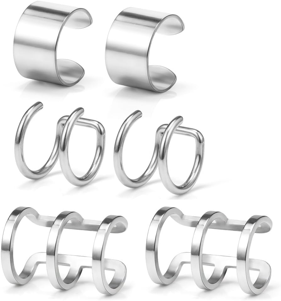 Ruifan Stainless Steel Ear Cuff Non Piercing Fake Clip-On Cartilage Earring Set Women Men 6Pcs