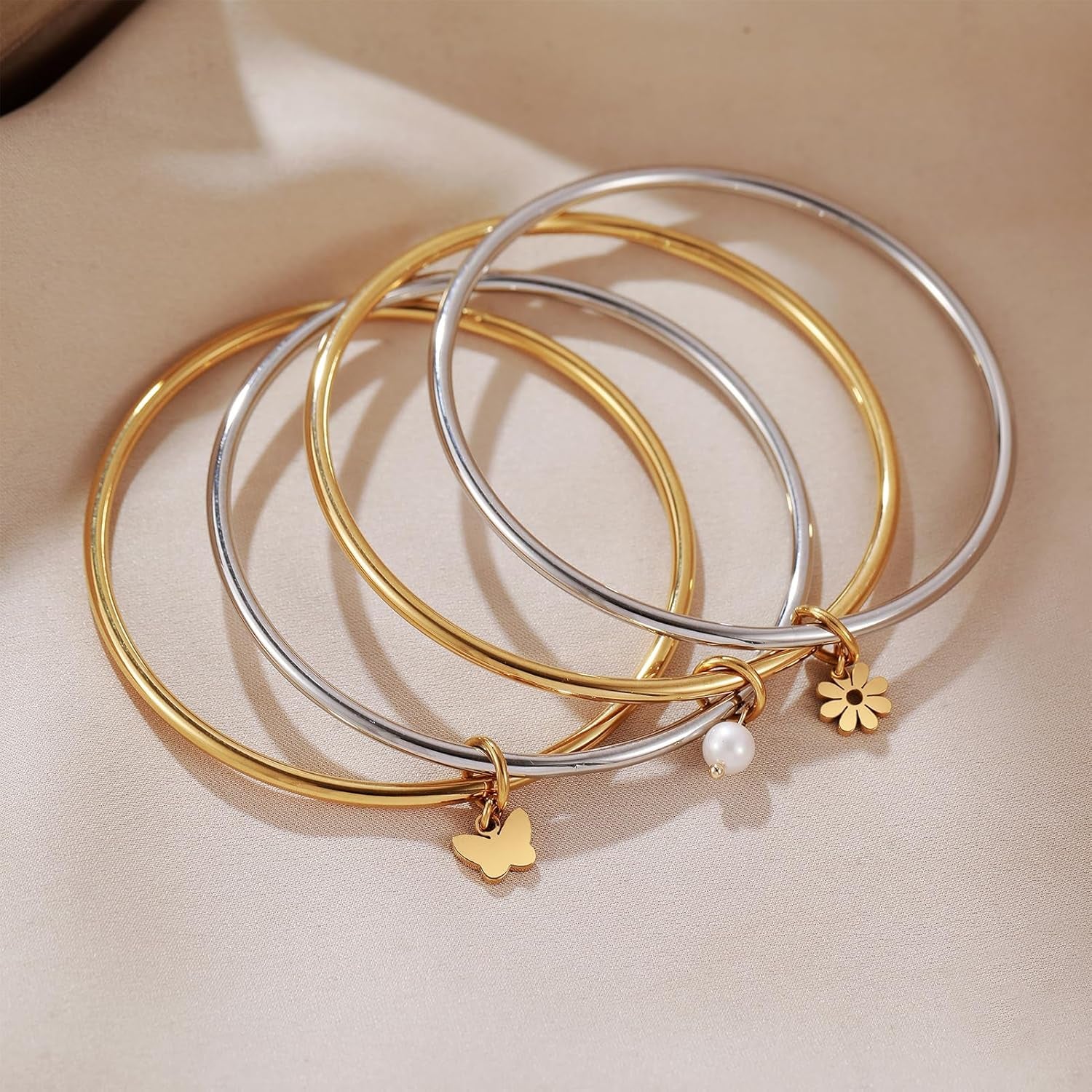 DS Bangle Bracelets for Women 18K Gold Plated Stainless Steel Layering Glossy Stackable Thin round Wire Cuff Bangle Bracelets Dainty Solid Polished Bracelet Minimalist Jewelry Best Gifts for Love