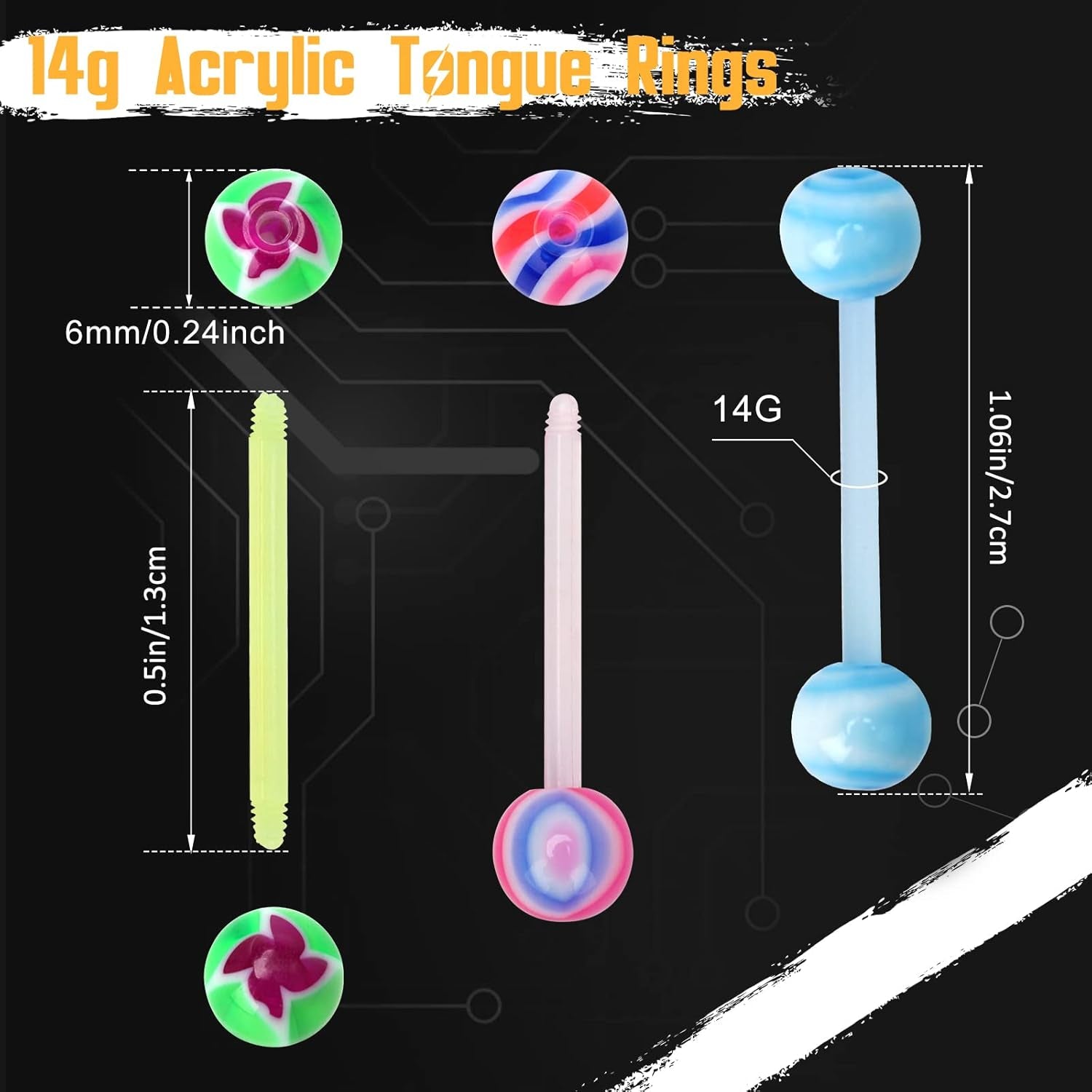 Flexible tongue ring barbells in assorted bright shades