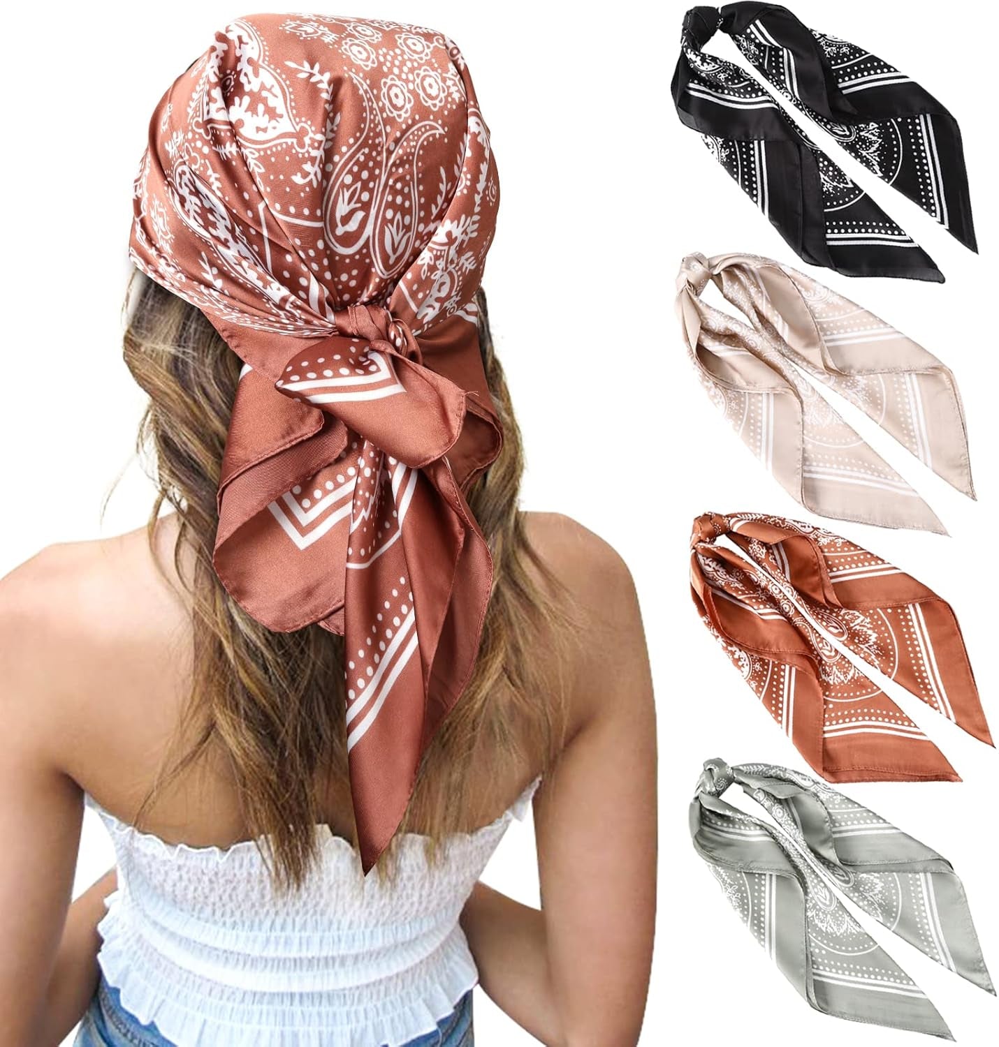 CHLINS 27 Inches Silk Feeling Square Head Scarf - 4 Pcs Satin Square Head Scarves for Women Hair Bandanas