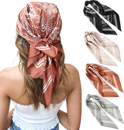 CHLINS 27 Inches Silk Feeling Square Head Scarf - 4 Pcs Satin Square Head Scarves for Women Hair Bandanas