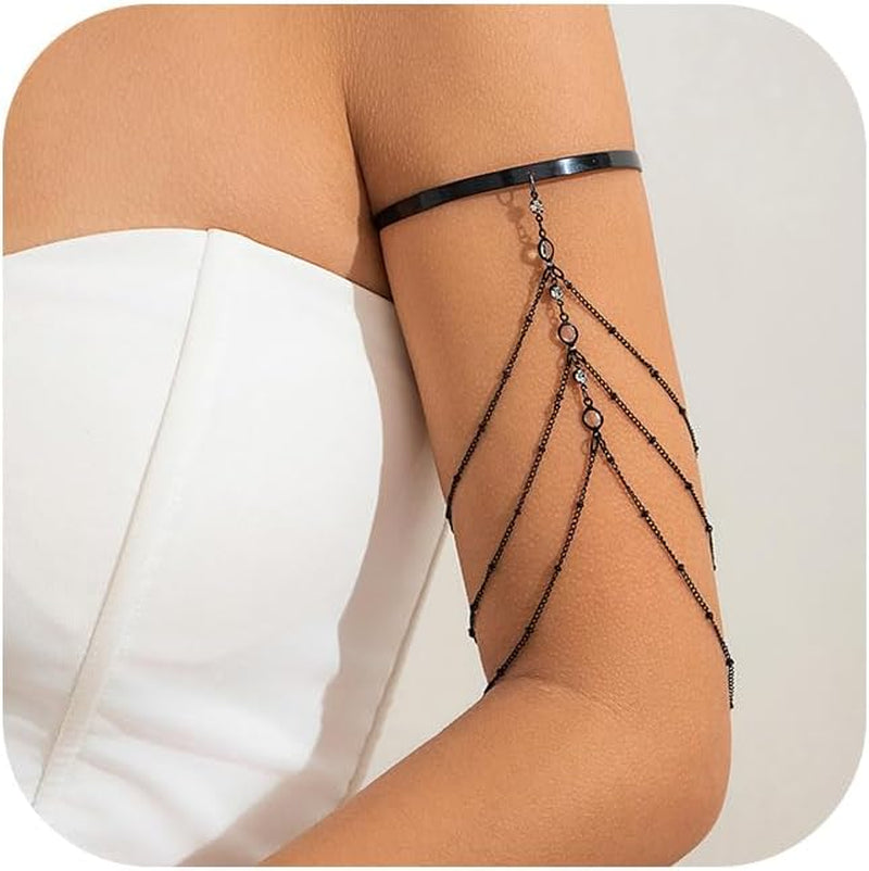 Simple Crystal Bead Tassel Upper Arm Chain Bracelet Multi-Layered Bikini Armlet Rhinestone Adjustable Open Arm Cuff Bangle Bracelets Summer Beach Body Jewelry for Women