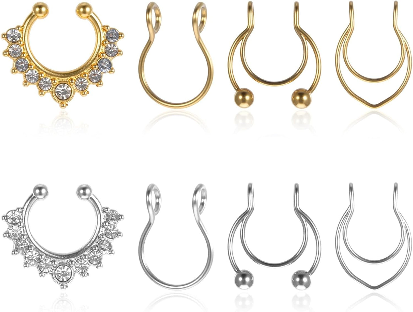 8 Pcs Fake Septum Ring, Fake Nose Ring Hoop, Stainless Steel Faux Septum Piercings, Clip on Lip Rings, Faux Nose Rings for Women Men Non Piercing Noses Jewelry