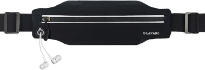 Slim running belt fanny pack worn around waist during jogging