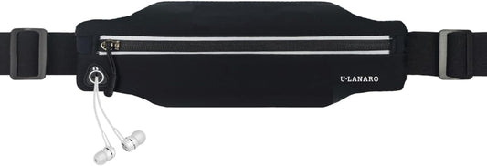 Slim running belt fanny pack worn around waist during jogging