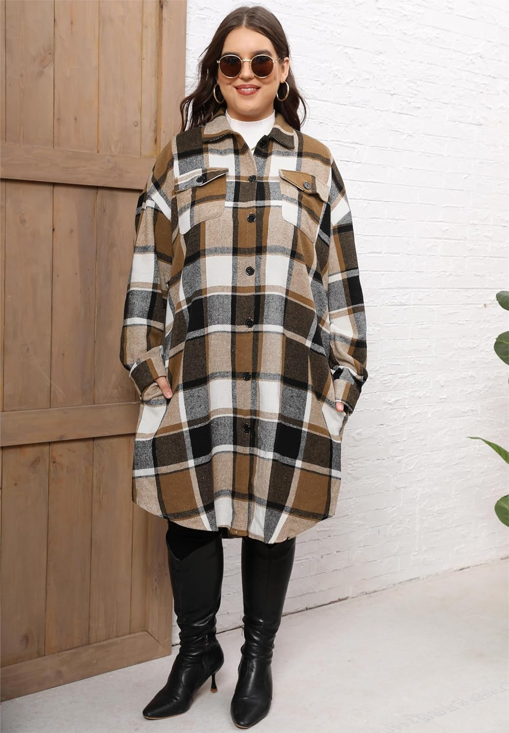 Woman wearing oversized plaid shacket styled casual