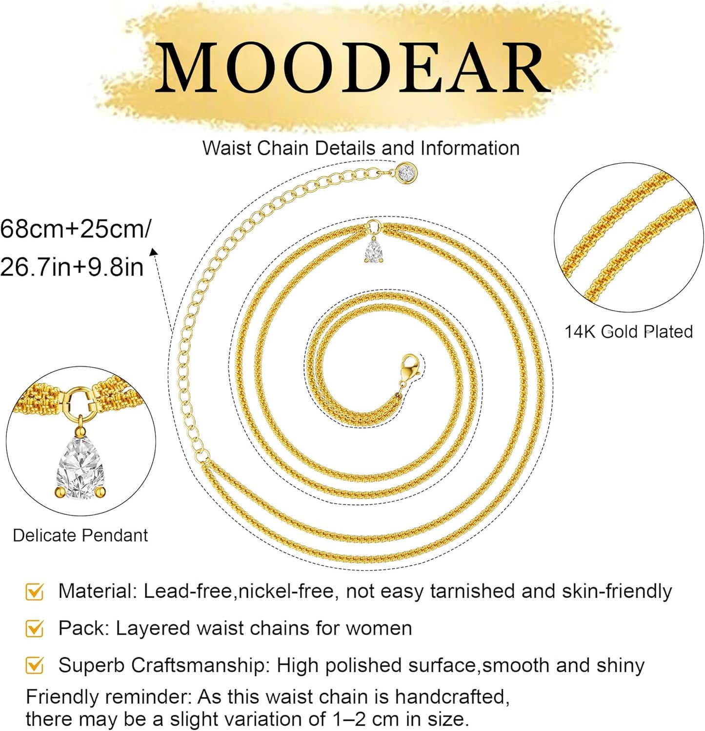 MOODEAR Christmas Gifts Waist Chain for Women - Waterproof 14K Gold Plated/Silver Layered Belly Beads Chains with Drop Cubic Zirconia Body Chain Jewelry Sexy Bikini Belt Gift for Summer Beach