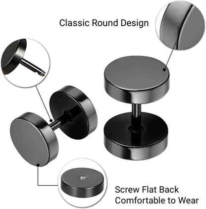 Aroncent 6 Pairs 4-14Mm Black Earrings for Men Women Fake Gauges Fake Earrings Stainless Steel Earrings Set