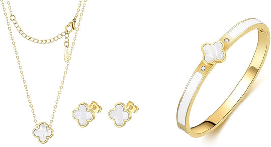 Clover Necklace and Earrings Set and Gold Bangles for Women