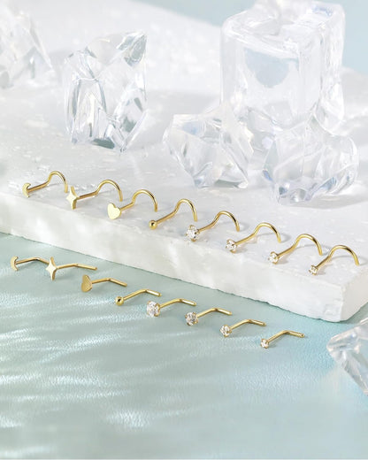 20G Nose Rings Stud for Women Surgical Steel Gold Silver Nose Ring L Shaped Corkscrew Nose Studs Hypoallergenic Small 1.5/2/2.5/3Mm CZ Cute Heart Star Moon Ball Nose Piercing Studs Jewelry Set 8Pcs
