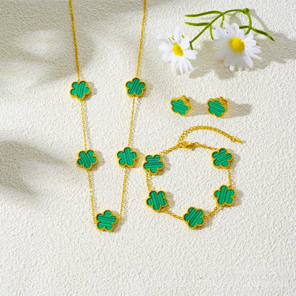 Lucky Clover Neckalce Earring Bracelet Set for Women Gold Plated Stainless Steel Chain Necklace with Flower Design Five Leaf Clover Earring Trendy Jewelry Set Gift