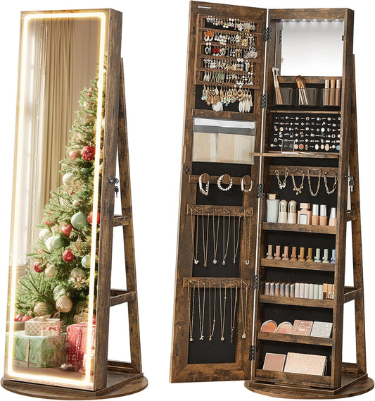 SONGMICS LED Jewelry Cabinet Standing, Lockable Armoire with Full-Length Mirror and Adjustable Lights, Space-Saving Organizer, Christmas Gifts for Women, Gift Idea, Rustic Brown UJJC008X01