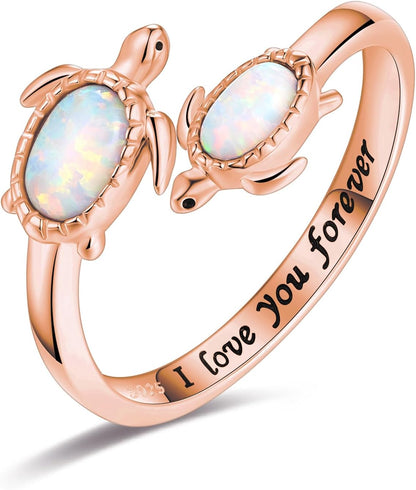 925-Sterling-Silver Opal/Turquoise Sea Turtle/Dolphin/Sea Life Ring - Inspirational I Love You Forever Adjustable Open Nature Ocean Mother Daughter Ring Cute Animal Jewelry Gifts for Women