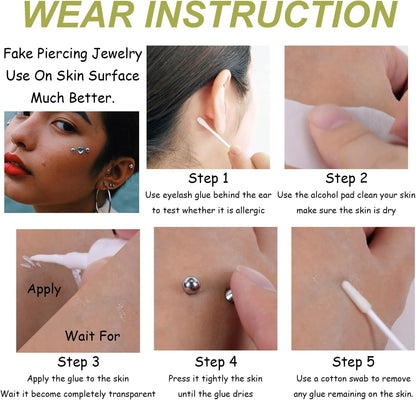 Bodyace 24Pcs Fake Nose Lip Labret Studs Eyebrow Rings, 3Mm 4Mm Replacement Balls Long Spike Cone with Eyelash Glue, Non-Piercing Body Jewelry Fake Skin Piercing
