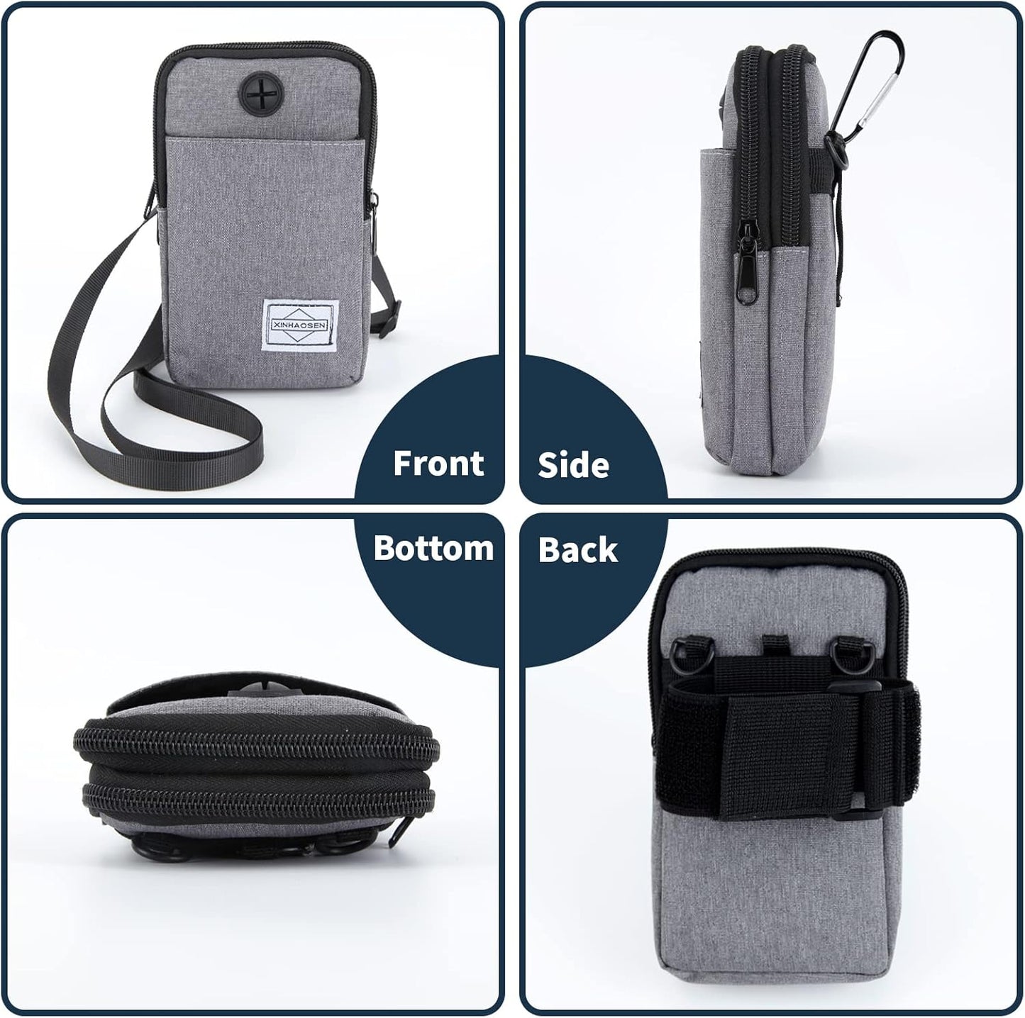 Multi-functional crossbody bag showing four pocket storage