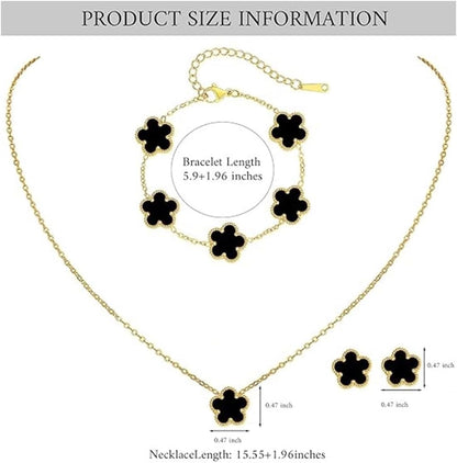 Generic 3 PCS Lucky Clover Necklace Set, 18K-Gold Plated Trendy Lucky Clover Bracelet, Necklace, Earrings Jewelry Set,Gifts for Mom, Wife, Daughter，Friends, Black
