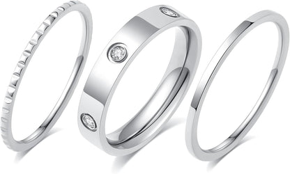 Elegant 3PCS Cubic Zirconia Stackable Love Rings for Women, 18K Gold-Plated Silver-Plated 316L Stainless Steel Hypoallergenic Jewelry, Easter Anniversary Birthday Gifts for Mom Friends Sister