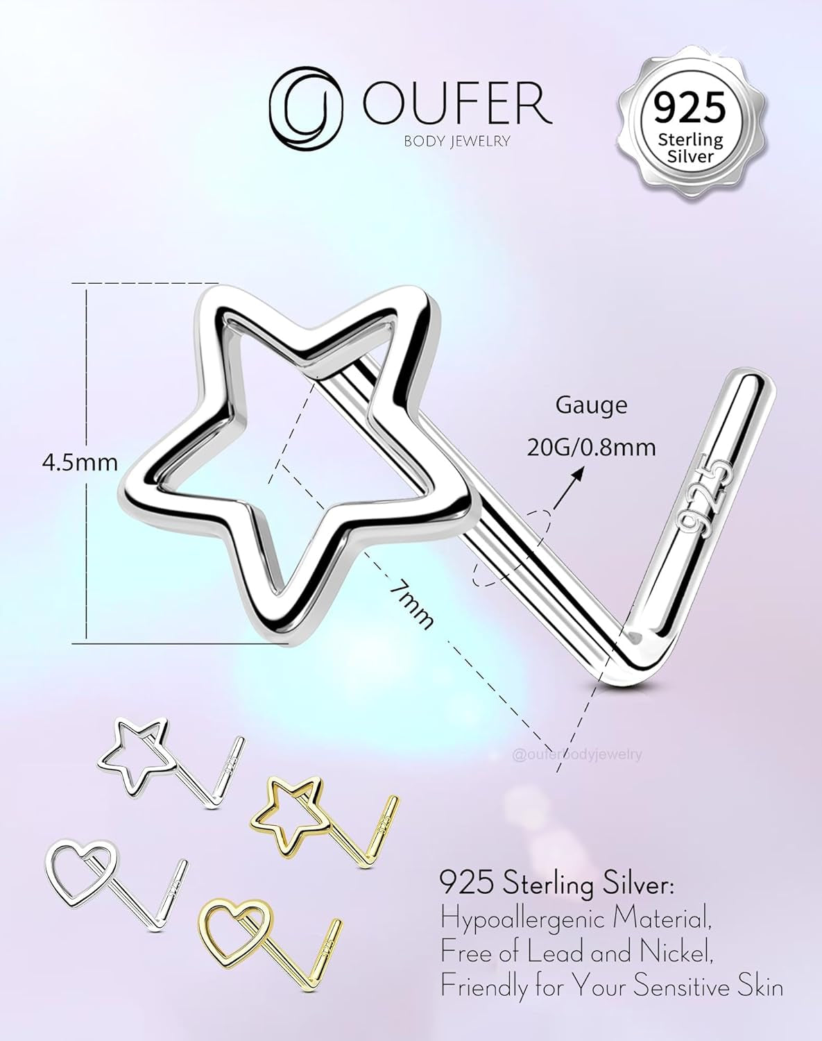 OUFER 925 Sterling Silver Nose Rings, Nose Studs for Women, Cute Nose Nostril Piercing Jewelry, L-Shaped 20G Silver Nose Rings Studs