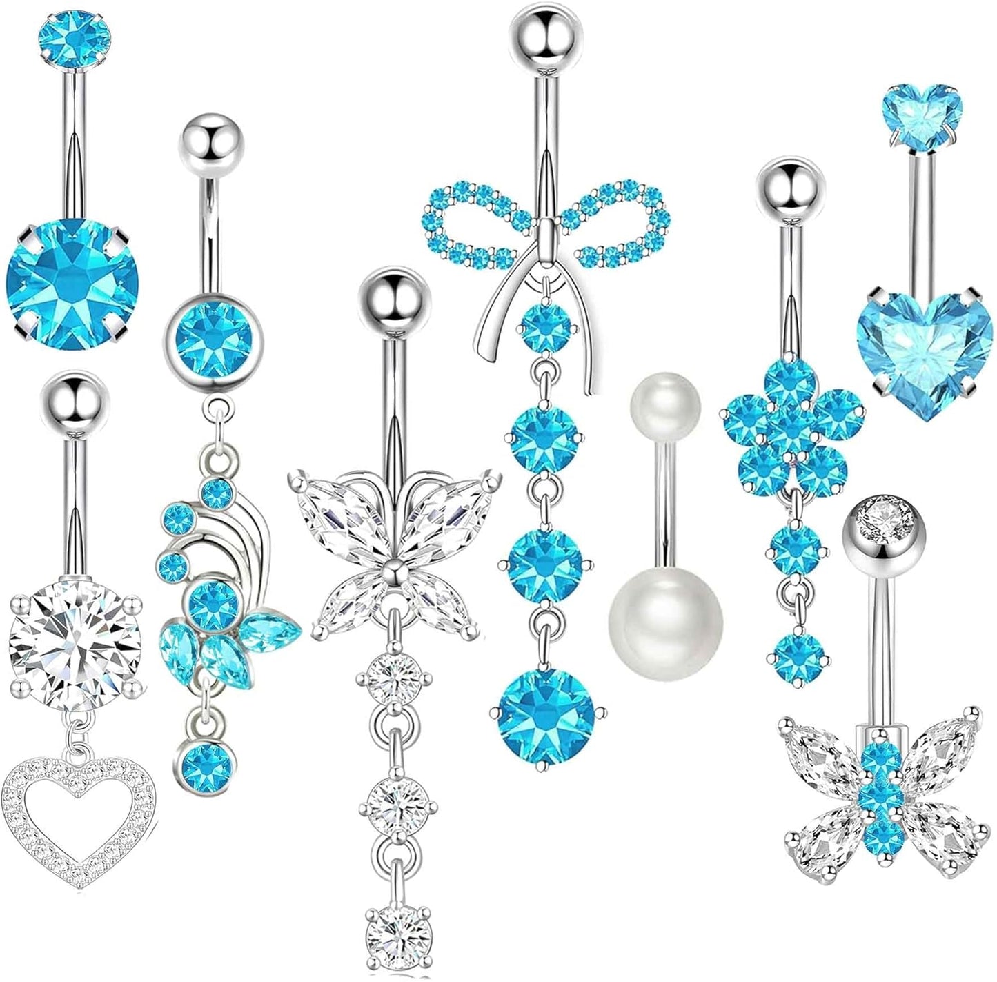 Suotarn 14G Belly Button Ring Dangle Belly Rings Surgical Stainless Steel Cute Bow Butterfly Heart Flower Dangling Belly Button Piercing Jewelry for Women Silver Dainty Dangly Navel Ring