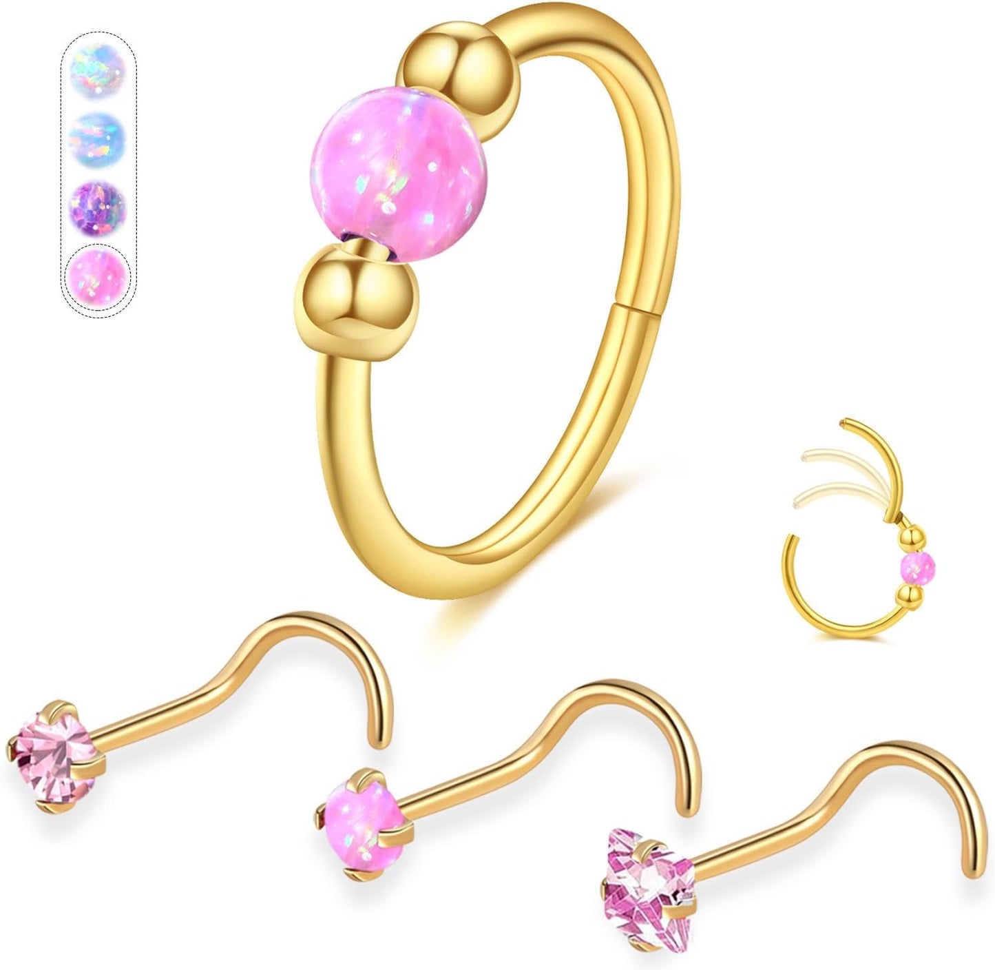 Opal Nose Ring Studs Horseshoe Nose Rings Hoops Stud 316L Stainless Steel Nose Rings round CZ Square Screw L Shaped Nose Stud Hypoallergenic Nostril Piercing Jewelry for Women Men