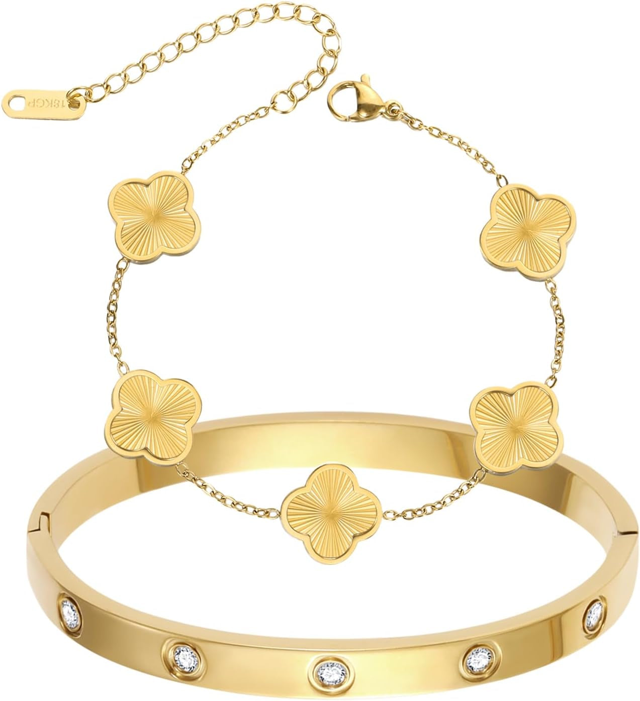 2Pcs 18K Gold Plated Clover Bracelet for Women Gold Love Bangle Four Leaf Clover Bracelet Set Gold Bracelets Stack Trendy Lucky Link Bracelets Jewelry Christmas Valentines Birthday Gifts for Women