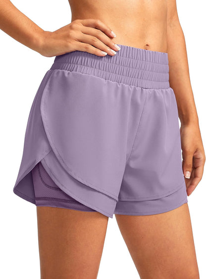 Soothfeel Women'S 2 in 1 Running Shorts High Waisted Athletic Shorts Exercise Gym Workout Shorts for Women with Pockets