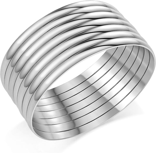 Castillna Glossy Plain Stainless Steel Bangle Bracelets Set for Women, Silver, Set of 7 Pieces