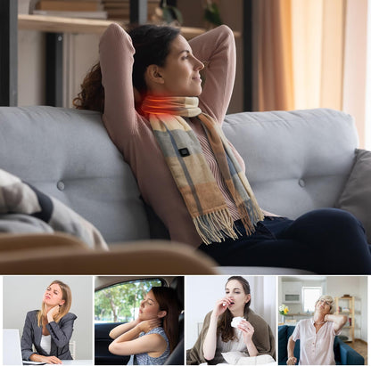 EN'DA Professional Heated Scarf for Women Rechargeable with Battery, 3 Levels Temperatures Control Winter Electric Scarf Khaki Plaid Design for Cold Weather