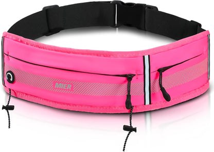 Back view of neon reflective women's jogging waist pack while cycling