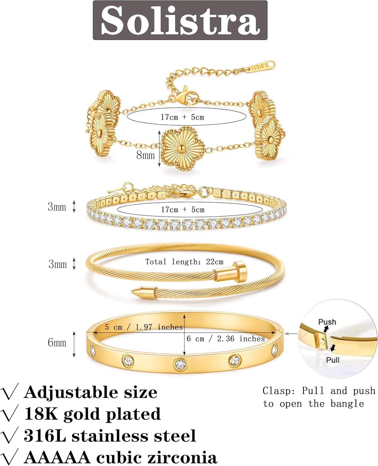 Stackable 18K gold plated clover and love bangle bracelets set for women