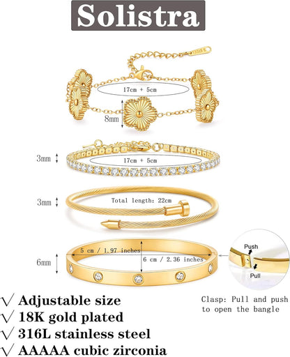 Stackable 18K gold plated clover and love bangle bracelets set for women