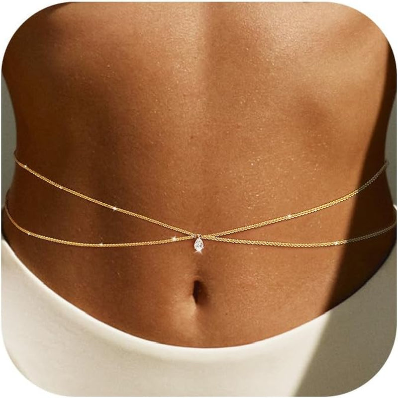 MOODEAR Christmas Gifts Waist Chain for Women - Waterproof 14K Gold Plated/Silver Layered Belly Beads Chains with Drop Cubic Zirconia Body Chain Jewelry Sexy Bikini Belt Gift for Summer Beach