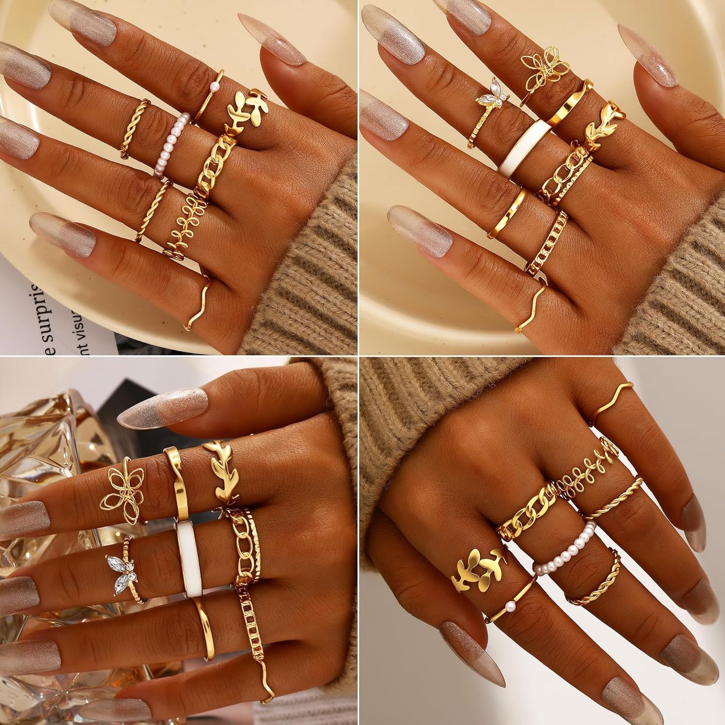 Five gold hoop earrings in different sizes and designs