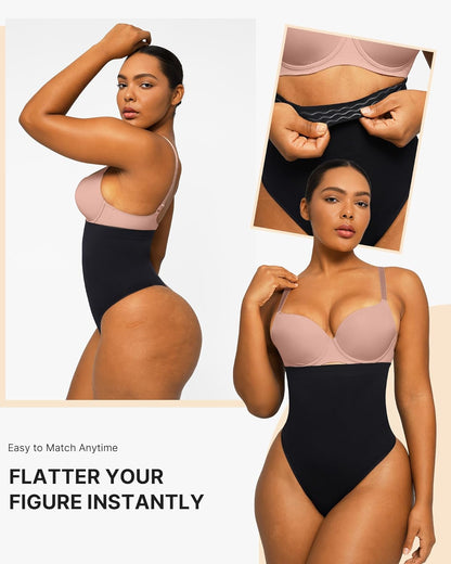 Seamless tummy control thong shapewear side profile under fitted clothing