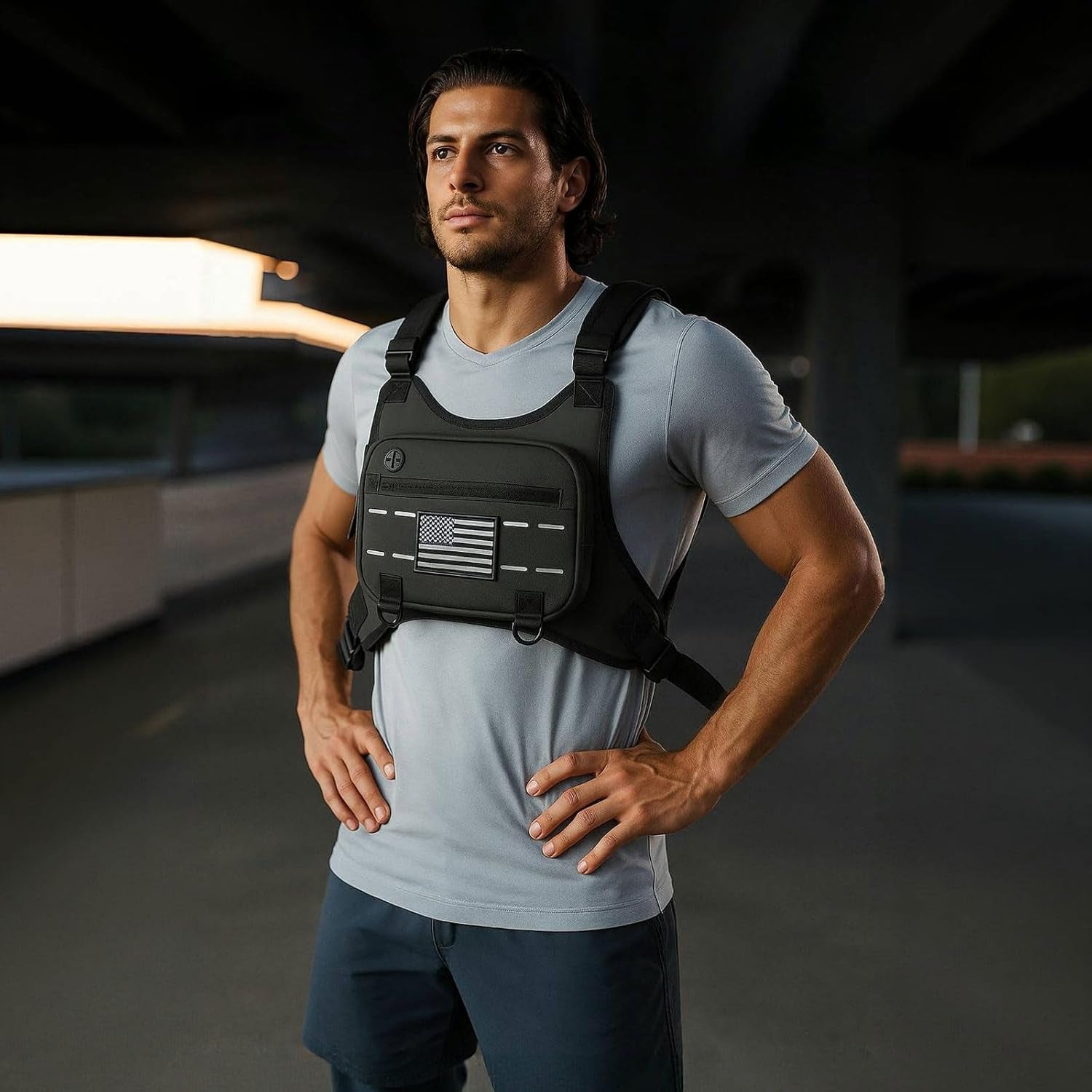 Side view of sports chest bag showing adjustment straps and design