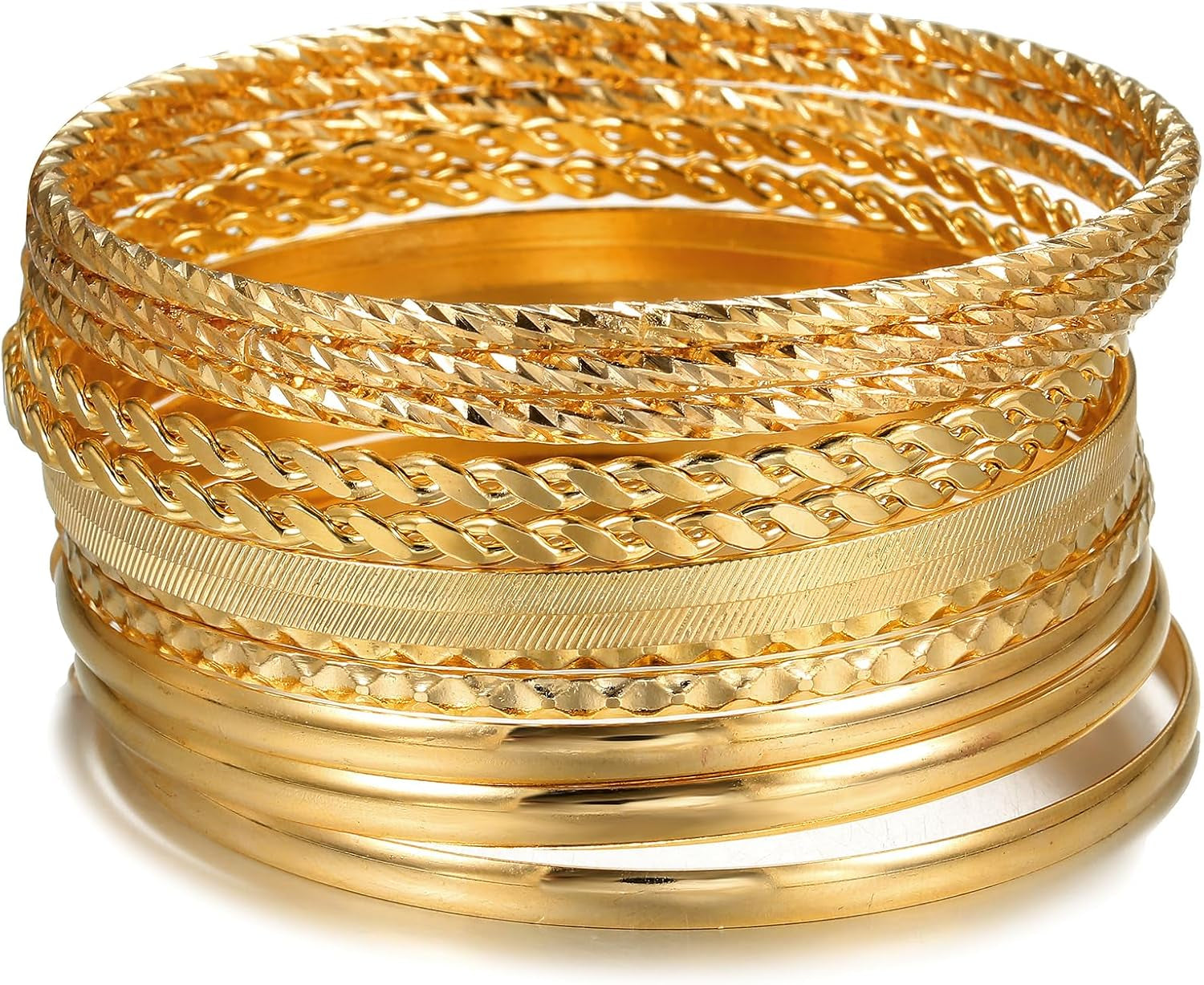 Complete twelve-piece boho gold bangle bracelet collection display
