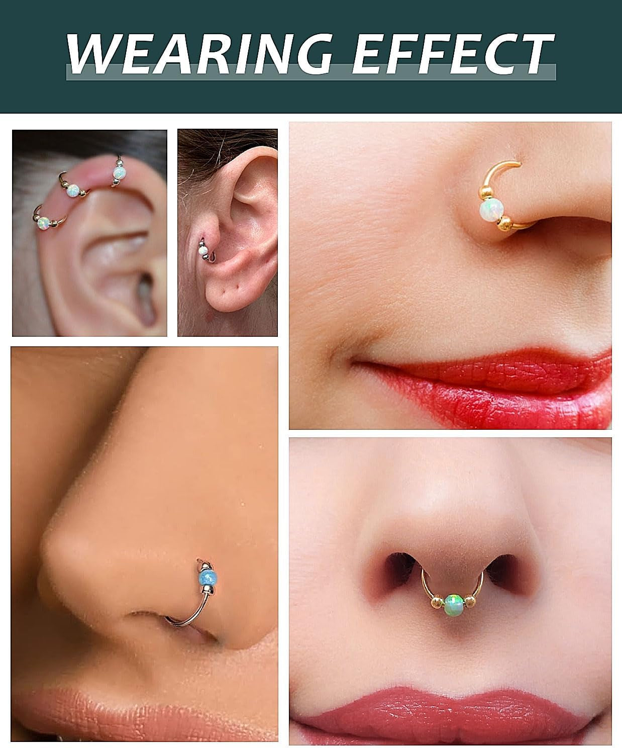 Opal Nose Ring Studs Horseshoe Nose Rings Hoops Stud 316L Stainless Steel Nose Rings round CZ Square Screw L Shaped Nose Stud Hypoallergenic Nostril Piercing Jewelry for Women Men