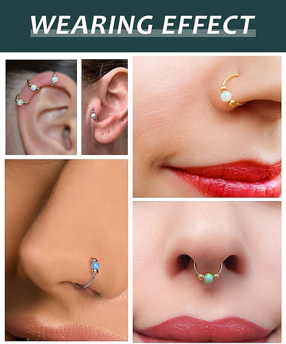 Opal Nose Ring Studs Horseshoe Nose Rings Hoops Stud 316L Stainless Steel Nose Rings round CZ Square Screw L Shaped Nose Stud Hypoallergenic Nostril Piercing Jewelry for Women Men