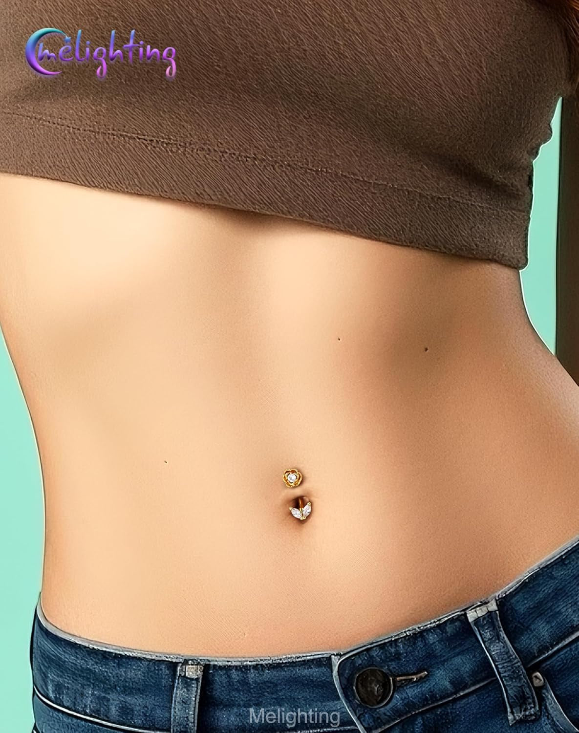 Melighting 14G Flower Belly Button Ring, 316L Surgical Steel Marquise CZ Belly Rings, Gold Navel Piercing Barbell, 10 Mm Silver Body Jewellery for Women