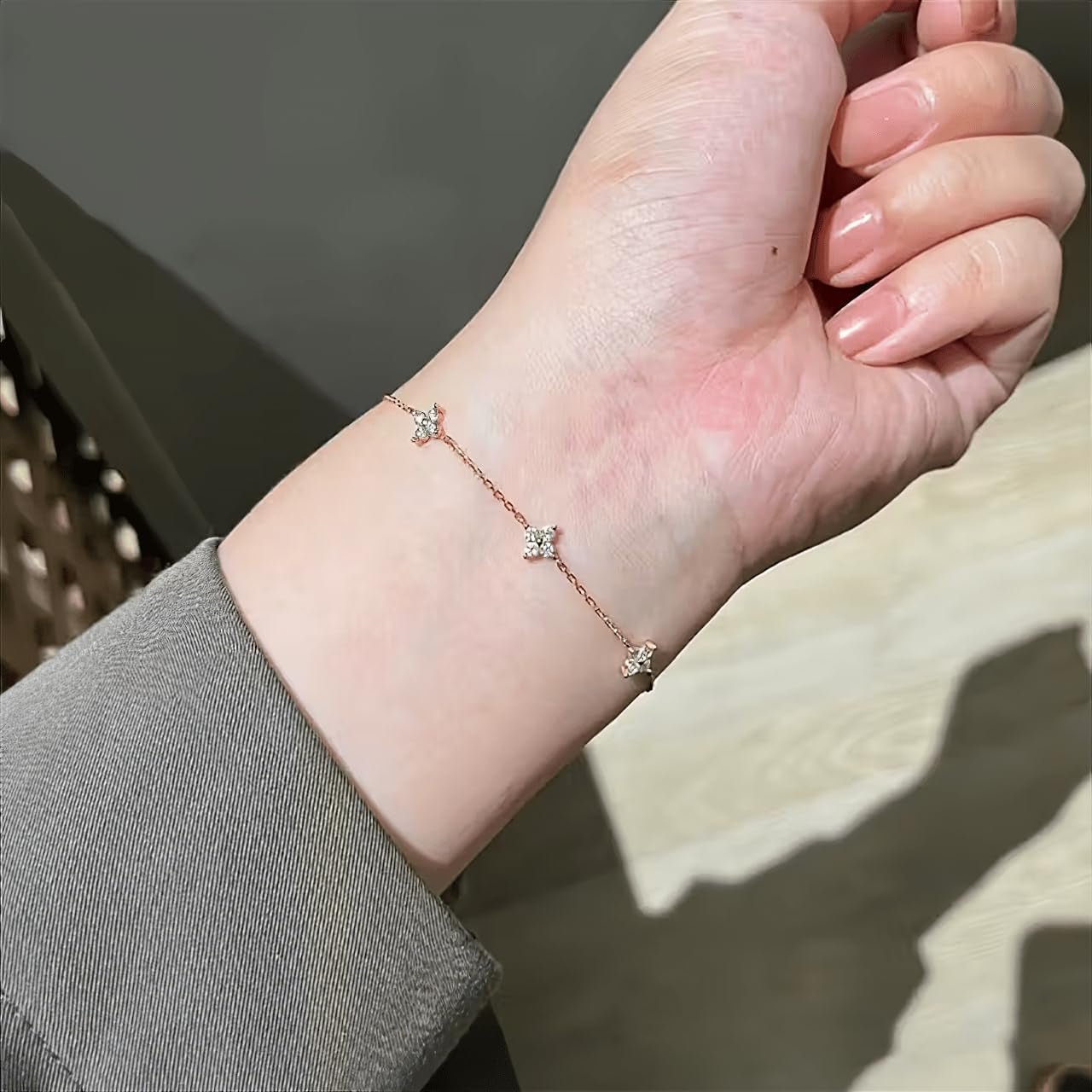 Dainty Clover Choker Bracelet Set for Women | 18K Gold Plated Cubic Zirconia Necklace and Link Bracelet | Four Leaf Lucky Jewelry for Her