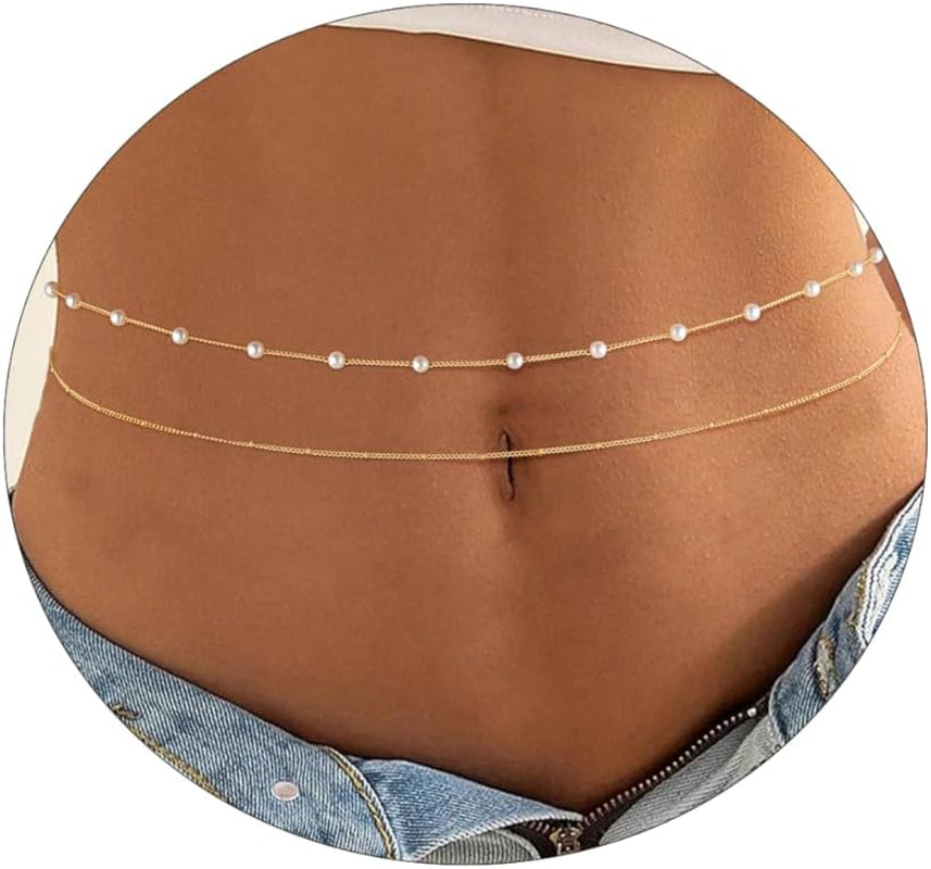 Gold Waist Chain for Women Dainty 14K Gold Plated Layered Belly Chain Adjustable Bikini Belly Beads for the Waist Waterproof Beach Accessories Body Chain Jewelry for Gifts