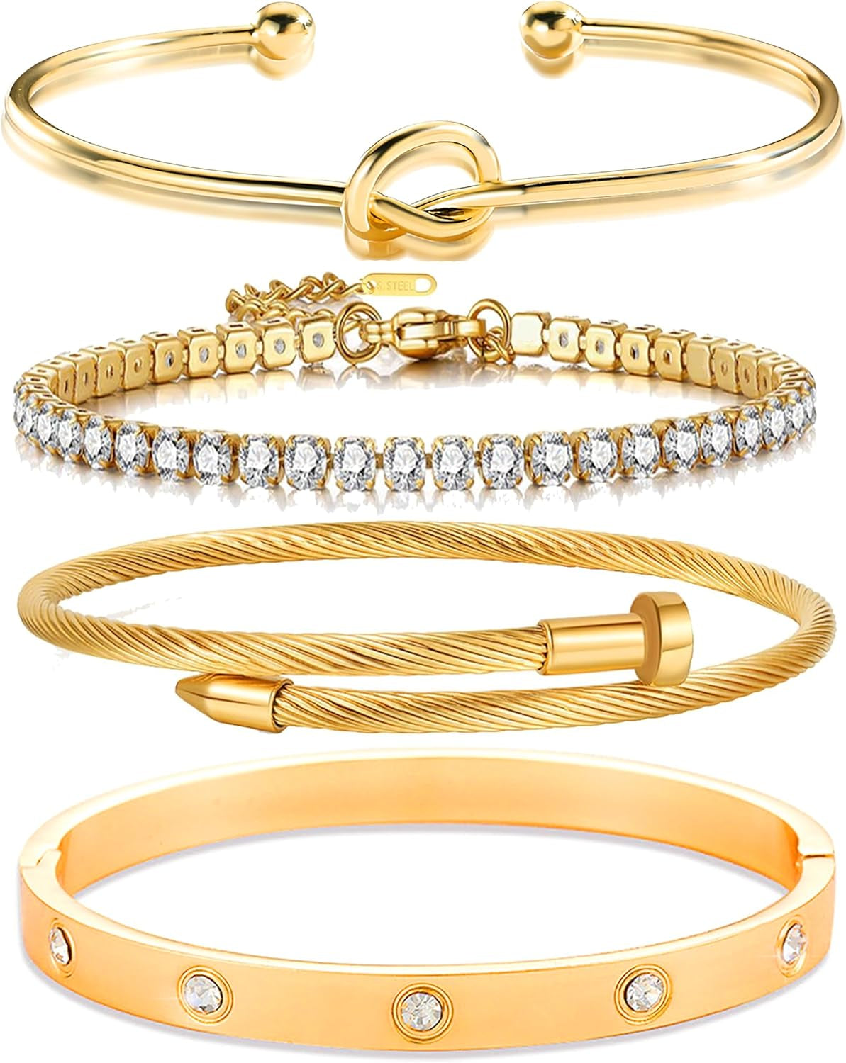 Multiple gold stackable bracelets worn together on wrist