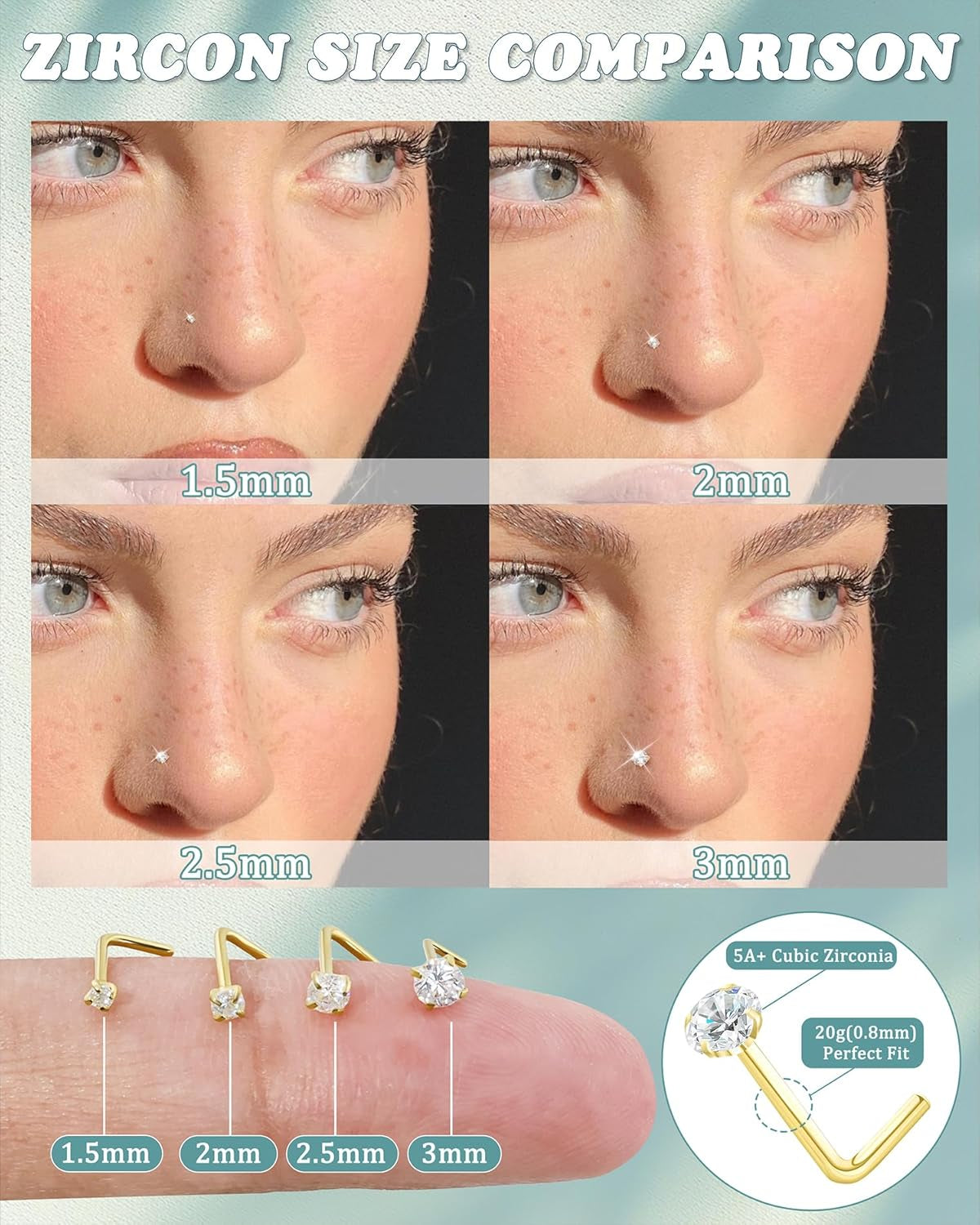 20G Nose Rings Stud for Women Surgical Steel Gold Silver Nose Ring L Shaped Corkscrew Nose Studs Hypoallergenic Small 1.5/2/2.5/3Mm CZ Cute Heart Star Moon Ball Nose Piercing Studs Jewelry Set 8Pcs