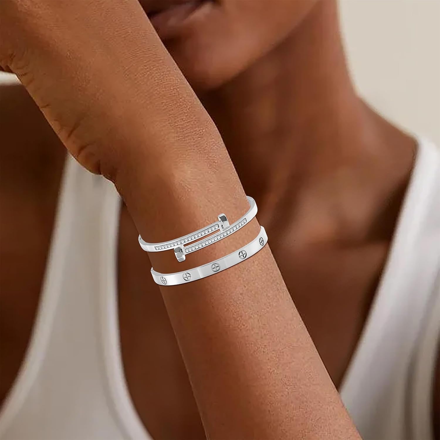 2PCS Gold Bracelets for Women Friendship & Love Theme Crystal Bangle Set Stainless Steel Non Tarnish Jewelry, Ideal Birthday Gift.