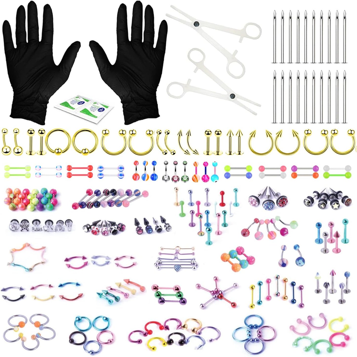 Bodyj4You 156PC Body Piercing Kit - 14G 16G 18G 20G - Belly Ring Nose Septum Tragus Ear Cartilage Industrial - Horseshoe Ring Hoop Barbell Stud Spike - Random Mix Jewelry