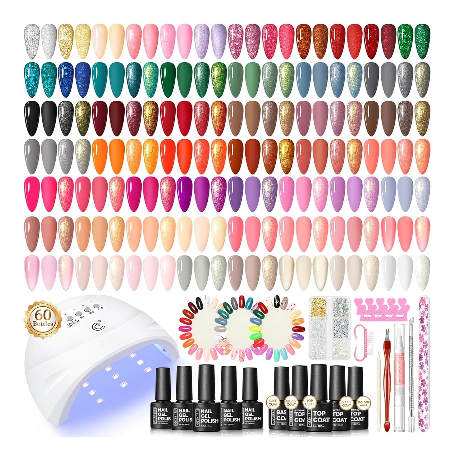 COSCELIA 60-piece gel nail polish kit with UV light display