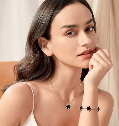 Clover Necklace and Bracelet Set for Women, 14K Gold Plated Green Clover Flower Pendant Chain, Adjustable Length, Elegant and Dainty, Perfect for Gifts, Parties, Dating, or Daily Wear.